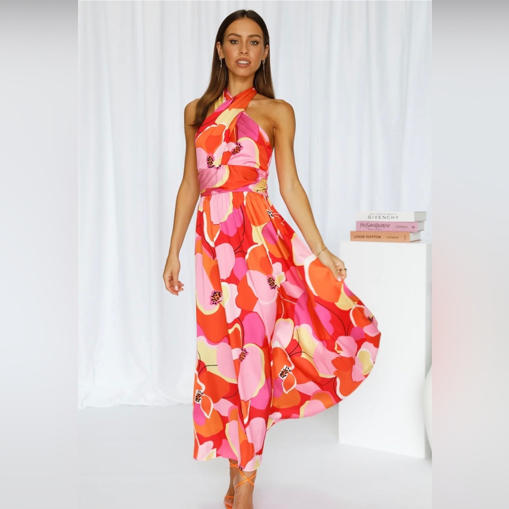Hello Molly Halter Floral Midi Dress in Pink and Red